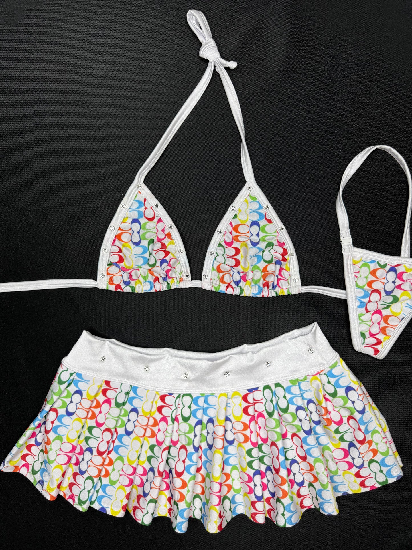 White/Designer Rainbow Two-Piece Skirt Lingerie Outfit