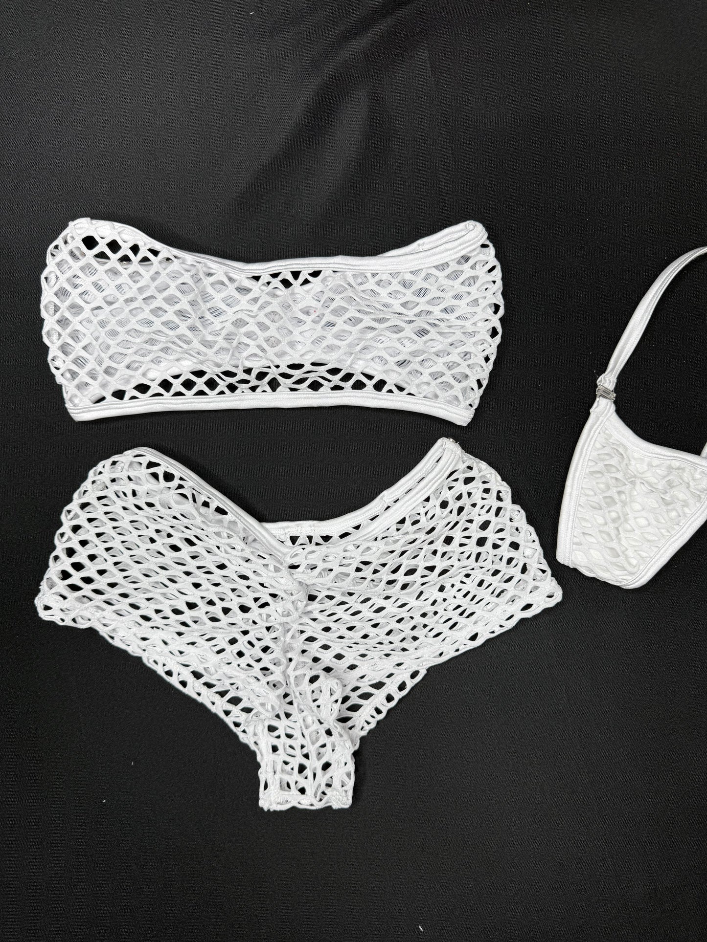 White Fishnet/Mesh Tube Top White Shorts Two-Piece Lingerie Outfit