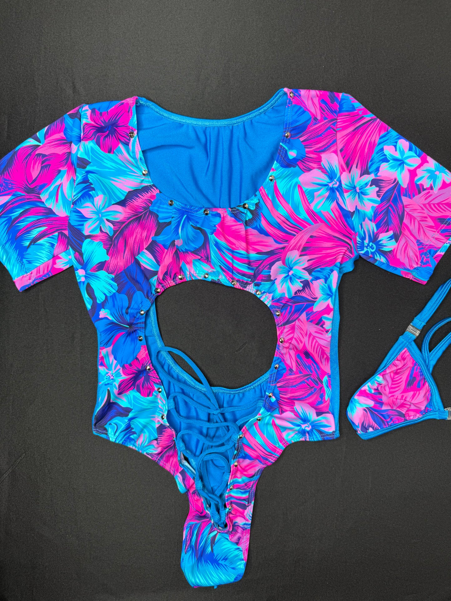 Flower Print/Blue Spandex Short Sleeve One-Piece Leotard Lingerie Outfit