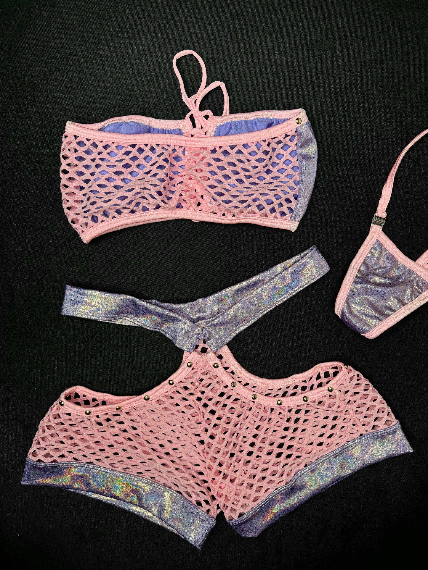 Microdot Lavender/Baby Pink Fishnet Tube Top/Shorts Two-Piece Lingerie Outfit