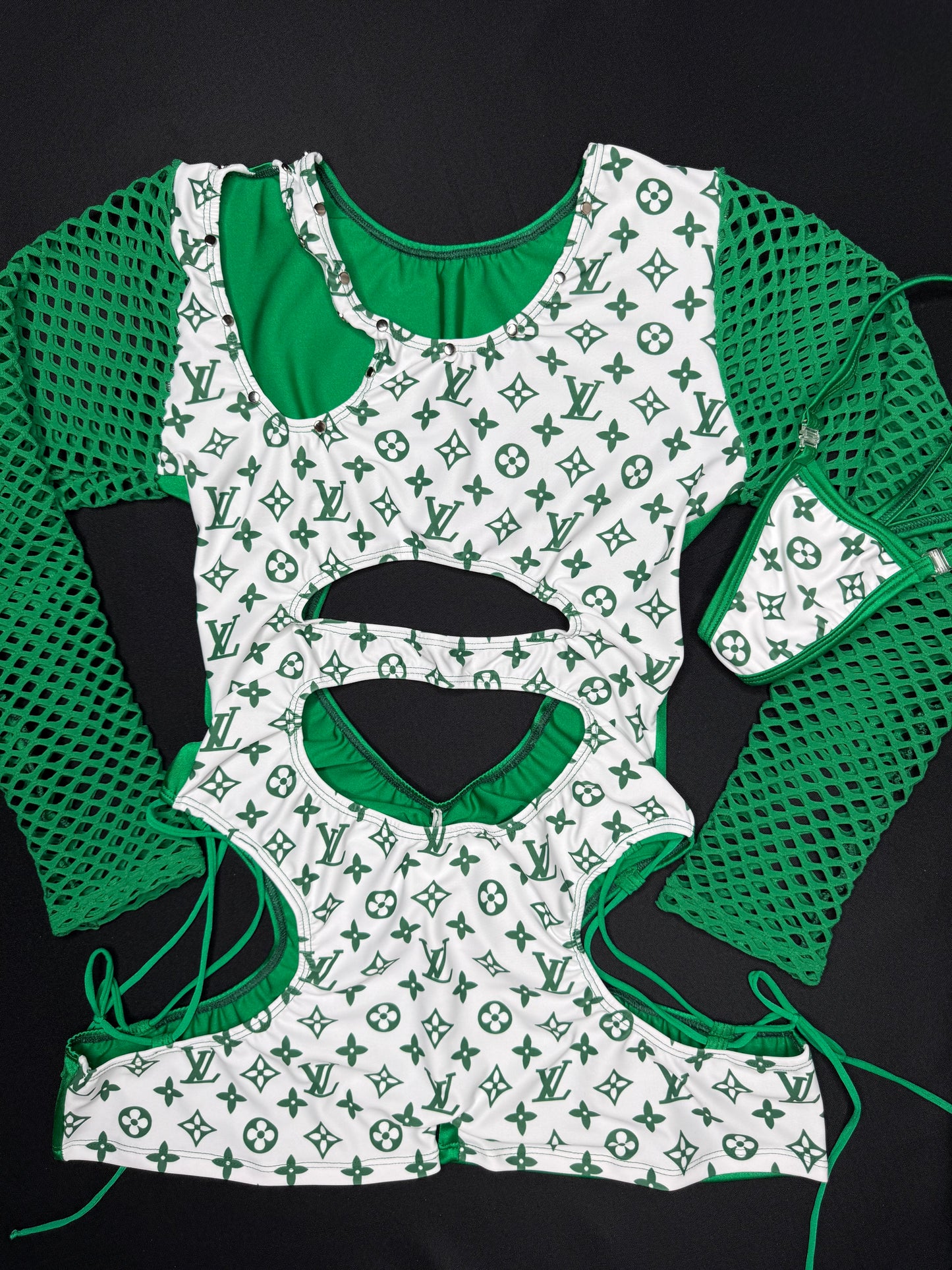 White Designer/Green Designer Spandex One-Piece Romper Lingerie Outfit