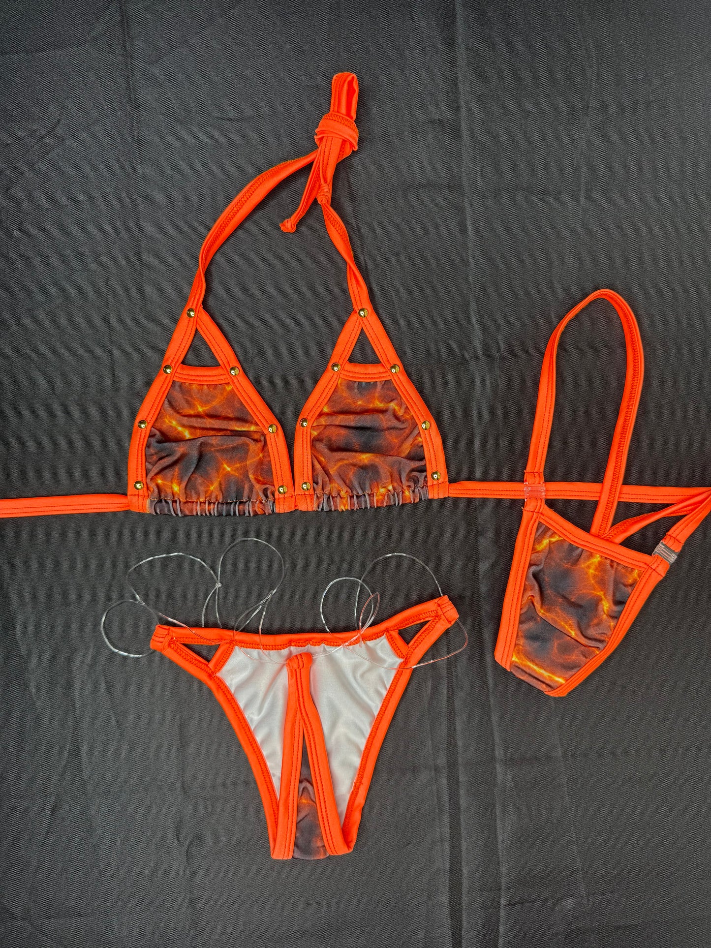 Orange Print Spandex Two-Piece Silicone String Bottoms Bikini Lingerie Outfit