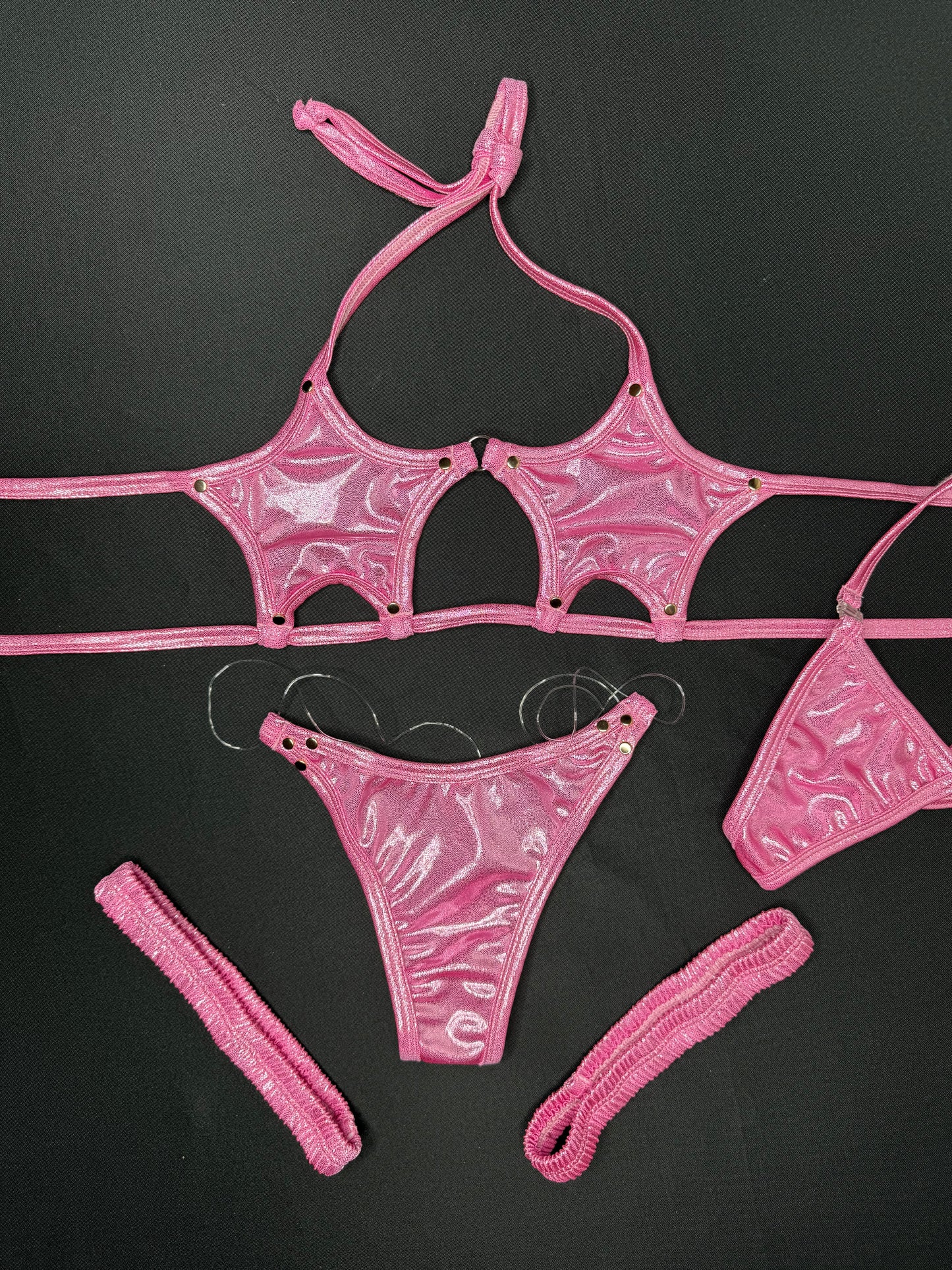 Pink Microdot Star-Top Garters Bikini Lingerie Outfit