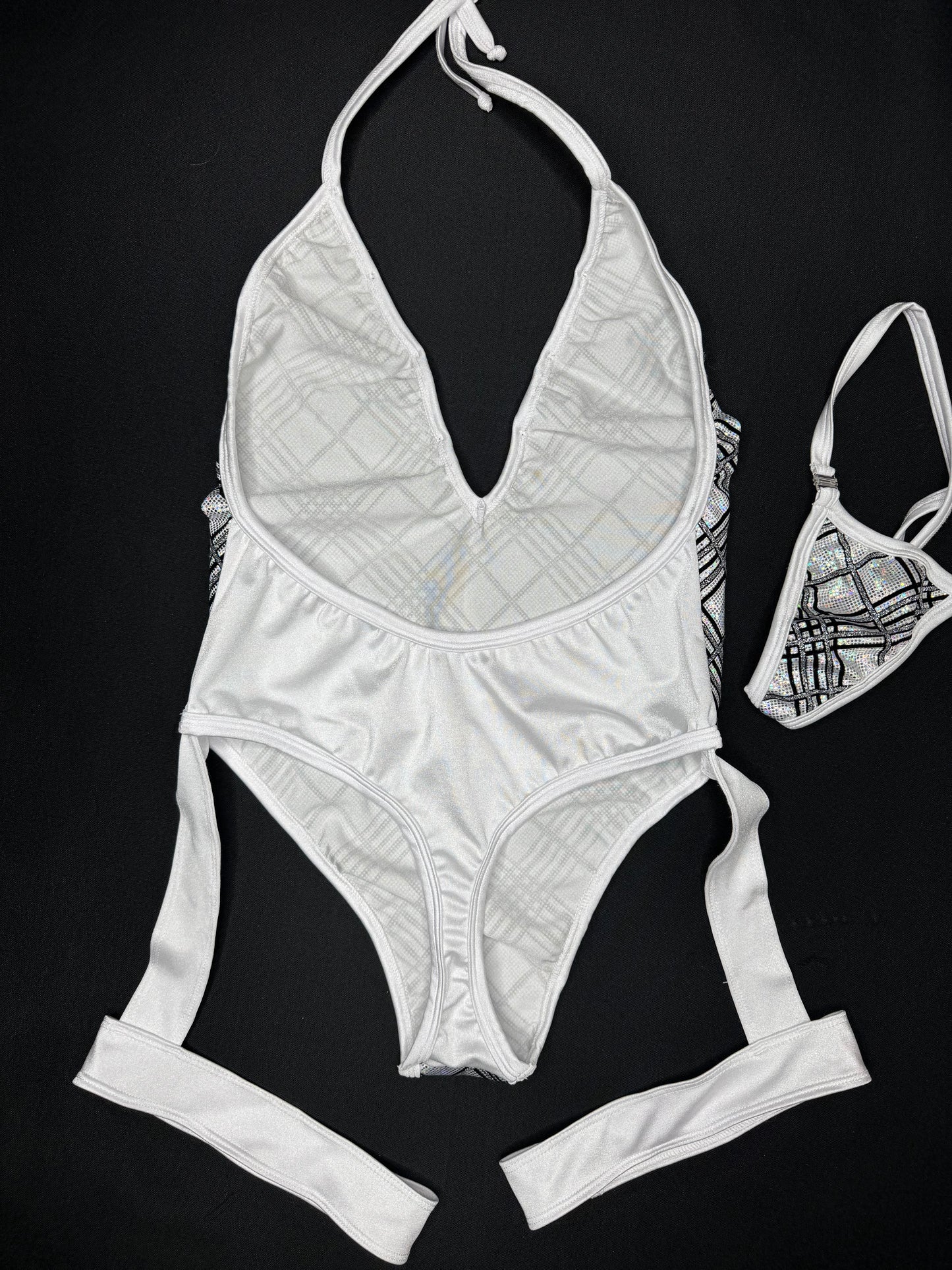 White/Silver Plaid Spandex One-Piece Leotard Garter Lingerie Outfit