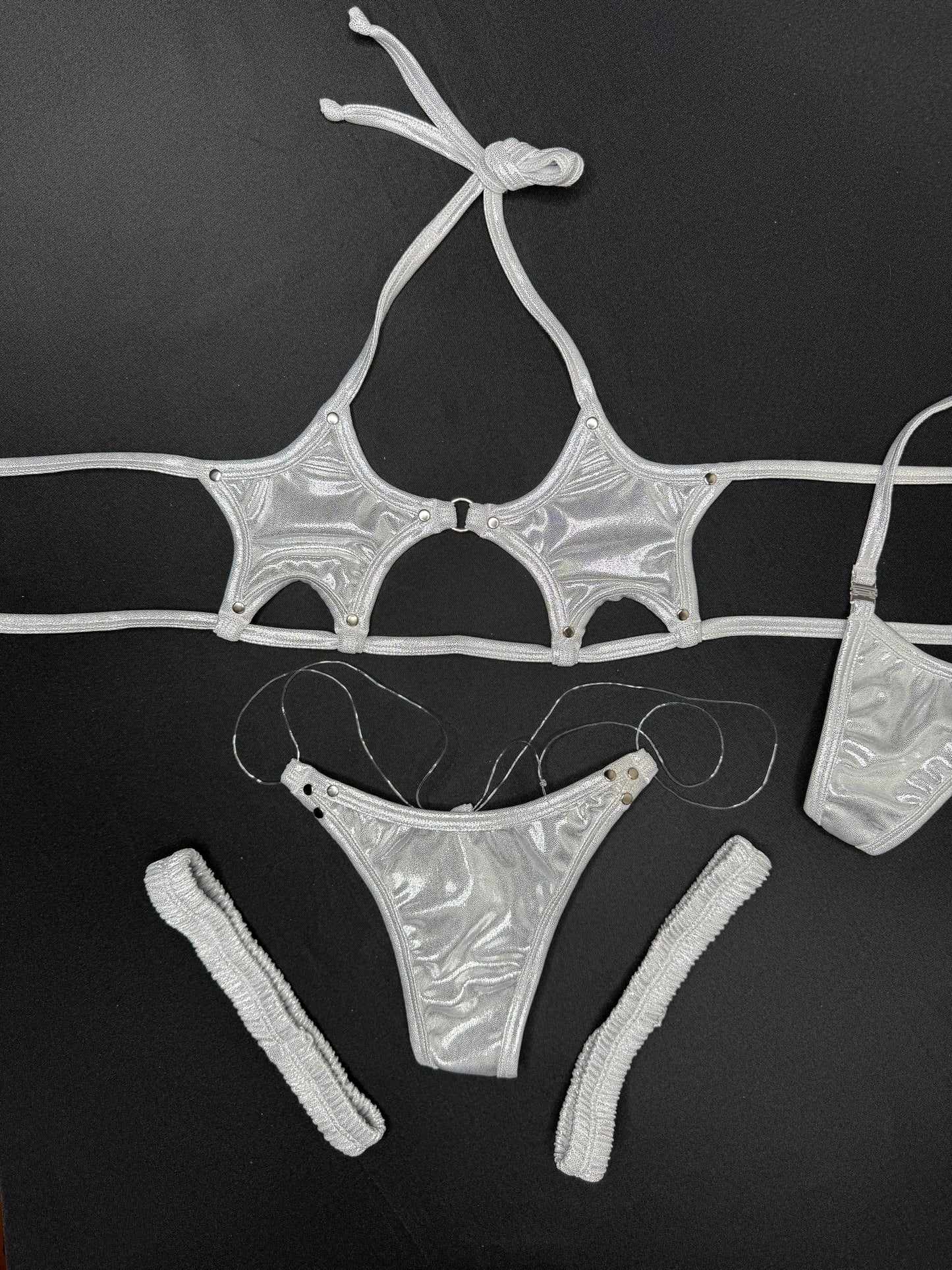 Silver Microdot Star-Top Two-Piece Garters Bikini Lingerie Outfit