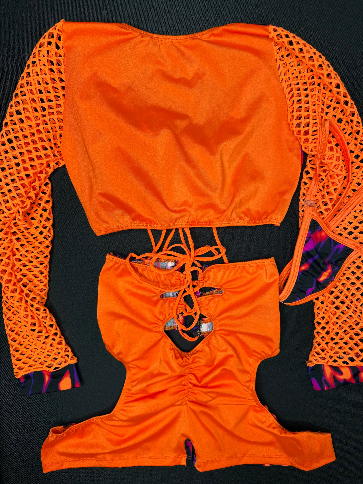 Animal Print/Orange Fishnet Spandex Long Sleeve/Shorts Two-Piece Lingerie Outfit