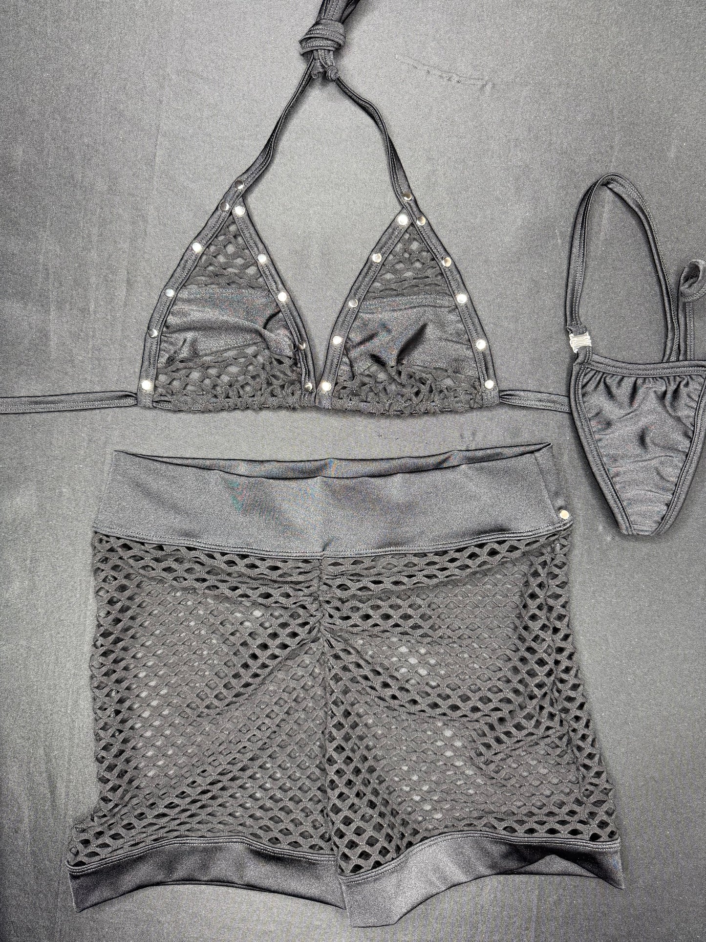 Black/Black Spandex/Fishnet Bikini Top/Shorts Two-Piece Lingerie Outfit