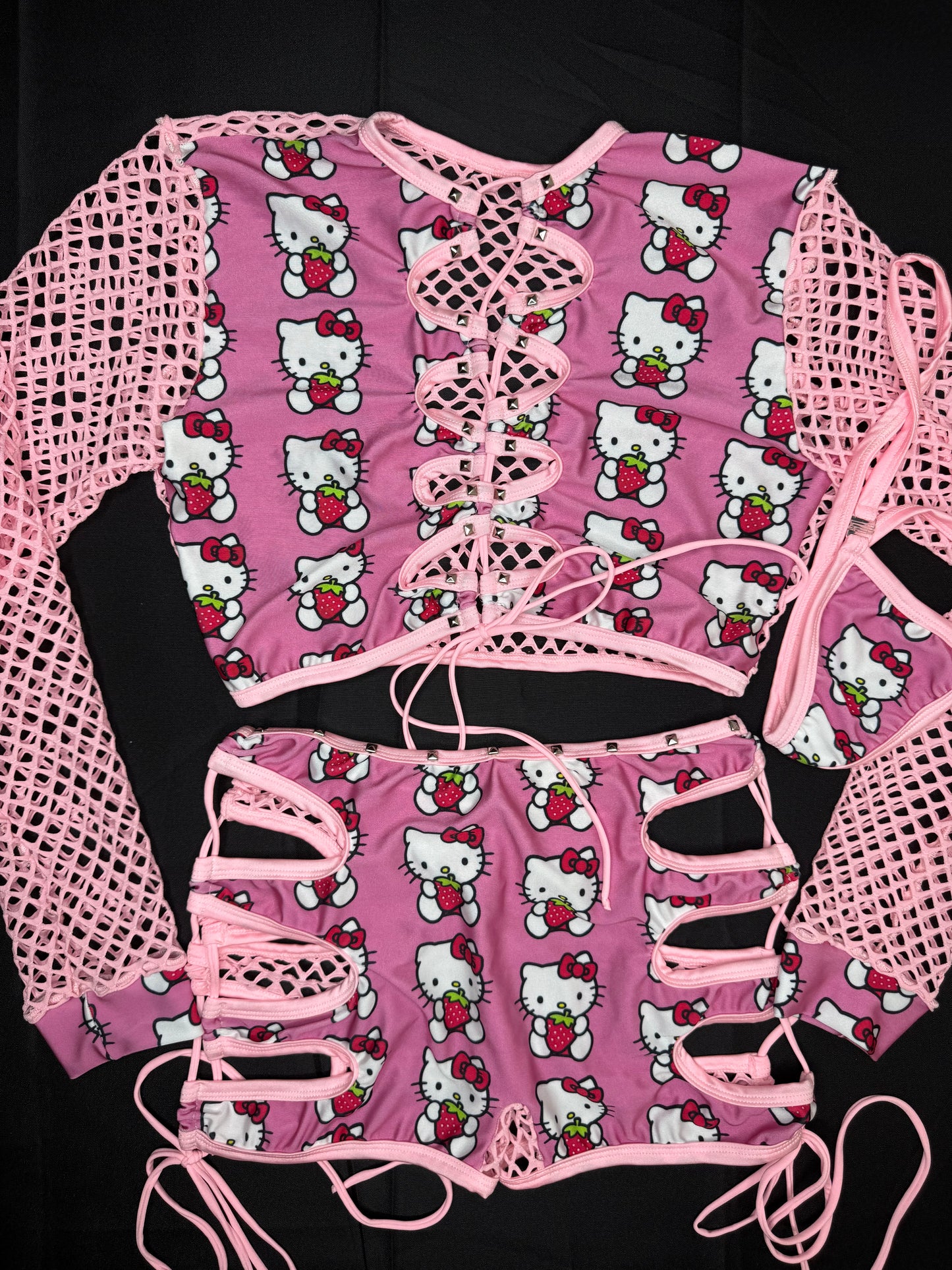 Baby Pink Kitty/Fishnet Spandex Two-Piece Lingerie Outfit