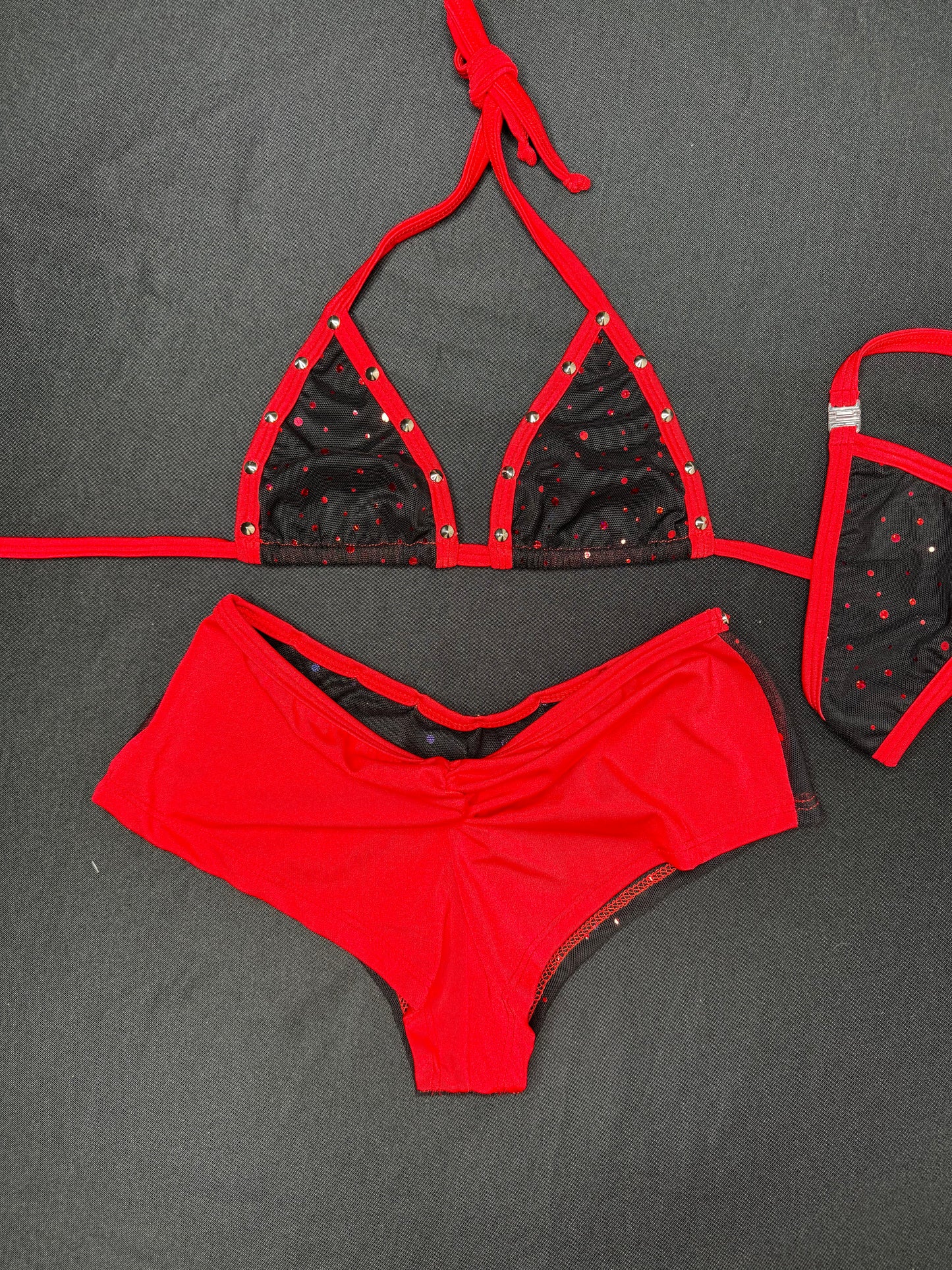 Black/Red Mesh/Red Spandex Two-Piece Bikini Top/Shorts Lingerie Outfit