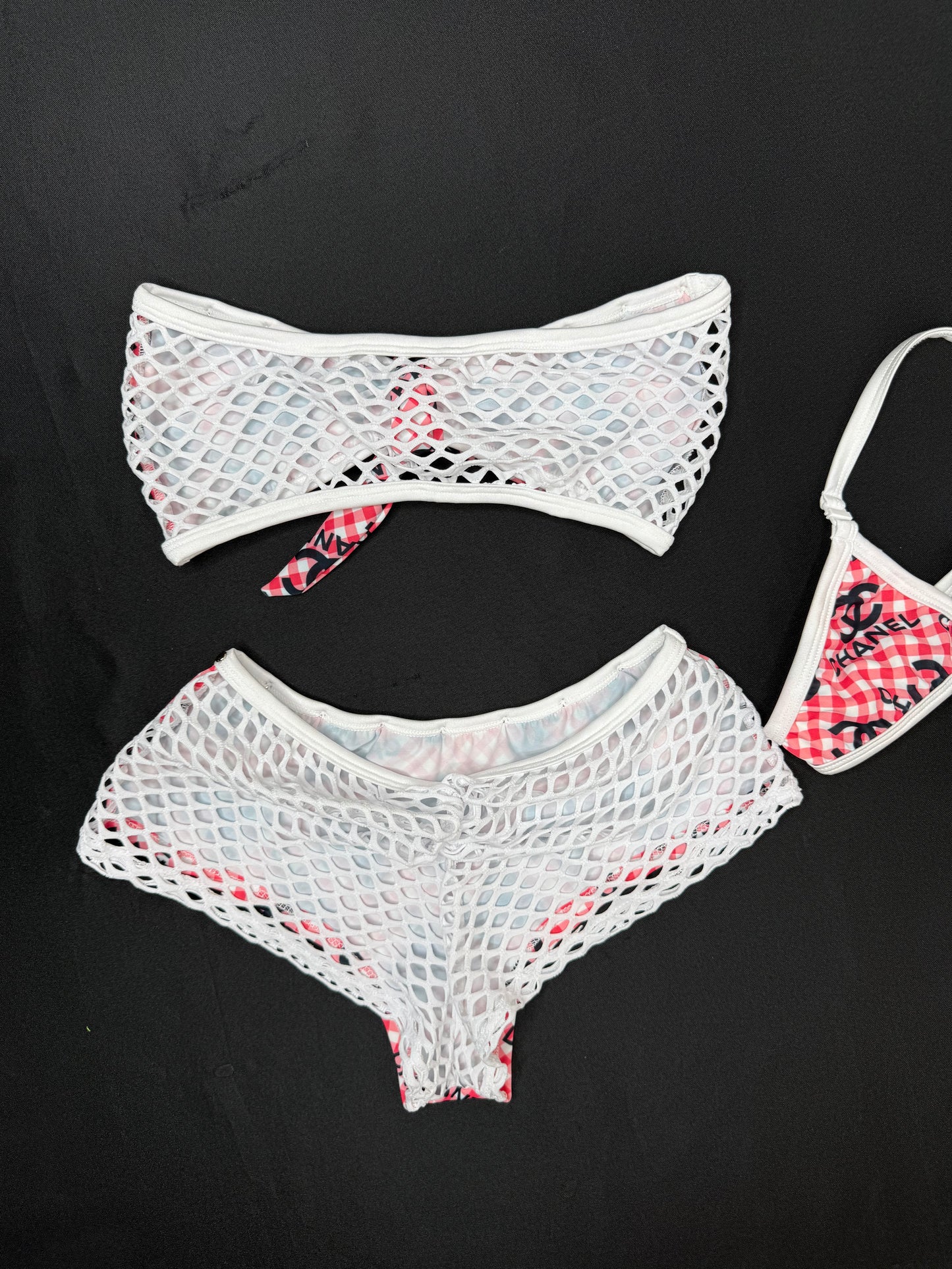 Red/White Plaid Spandex/Fishnet Two-Piece Lingerie Outfit