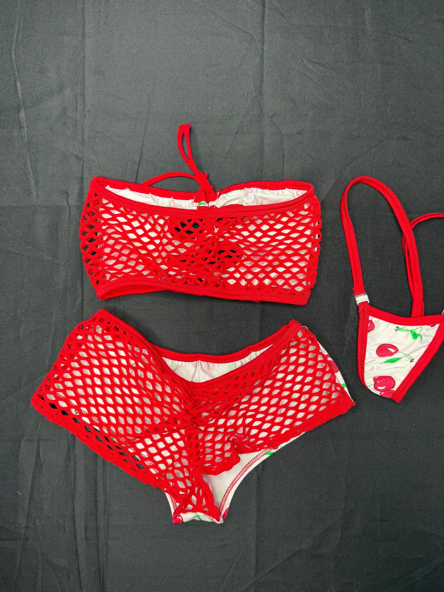 White/Red Cherry Spandex Tube-Top/Shorts Two-Piece Lingerie Outfit