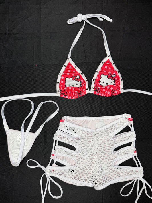 Red/White Kitty Print Spandex Bikini Top/Shorts Two-Piece Lingerie Outfit