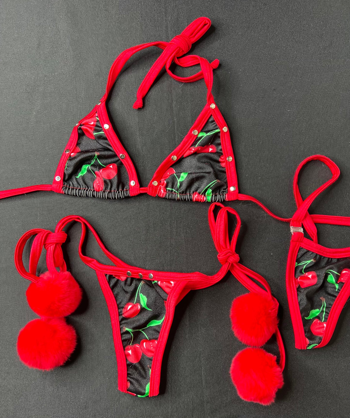 Black Cherry/Red Fur Two-Piece Bikini Lingerie Outfit