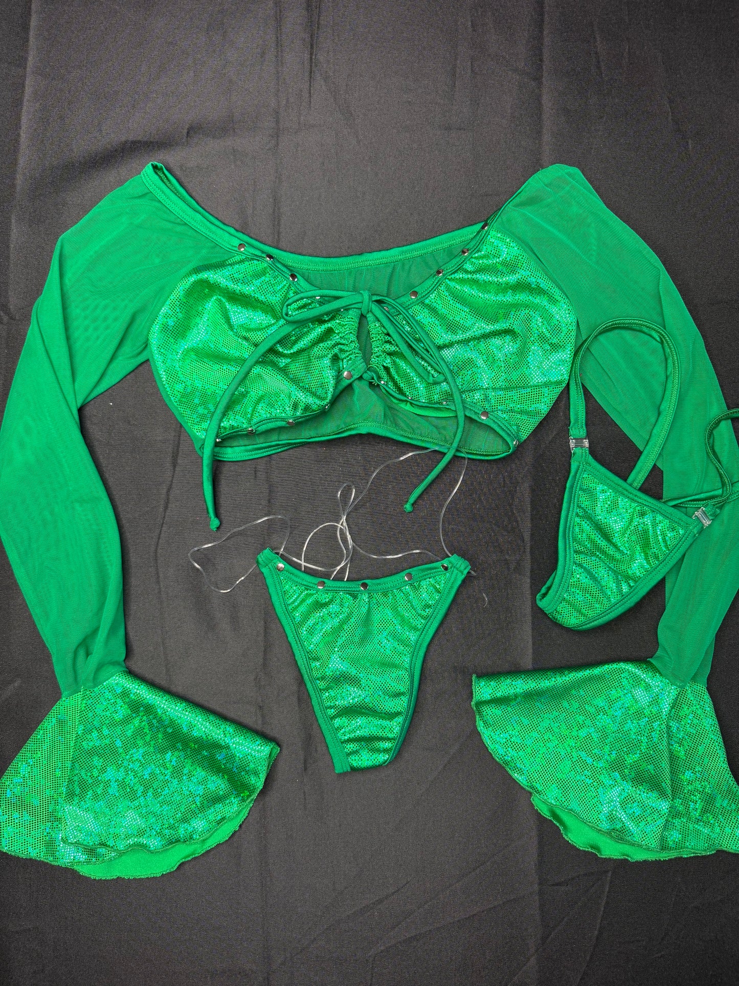 Metallic Green Spandex/Green Mesh Fringe Long Sleeve Top/Silicone String Bottoms Two-Piece Lingerie Outfit