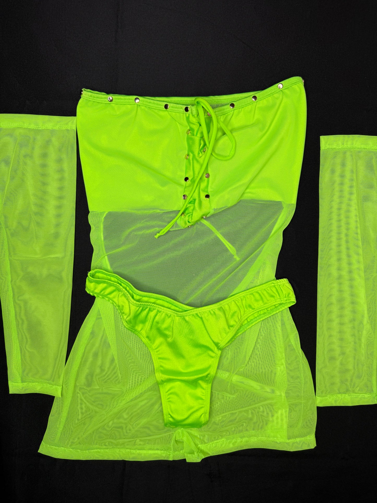 Neon Green Mesh Three-Piece Cheeky Thong/Sleeves Lingerie Outfit