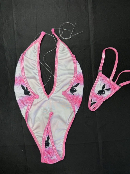 Metallic Pink/Bunny Spandex One-Piece Lingerie Outfit