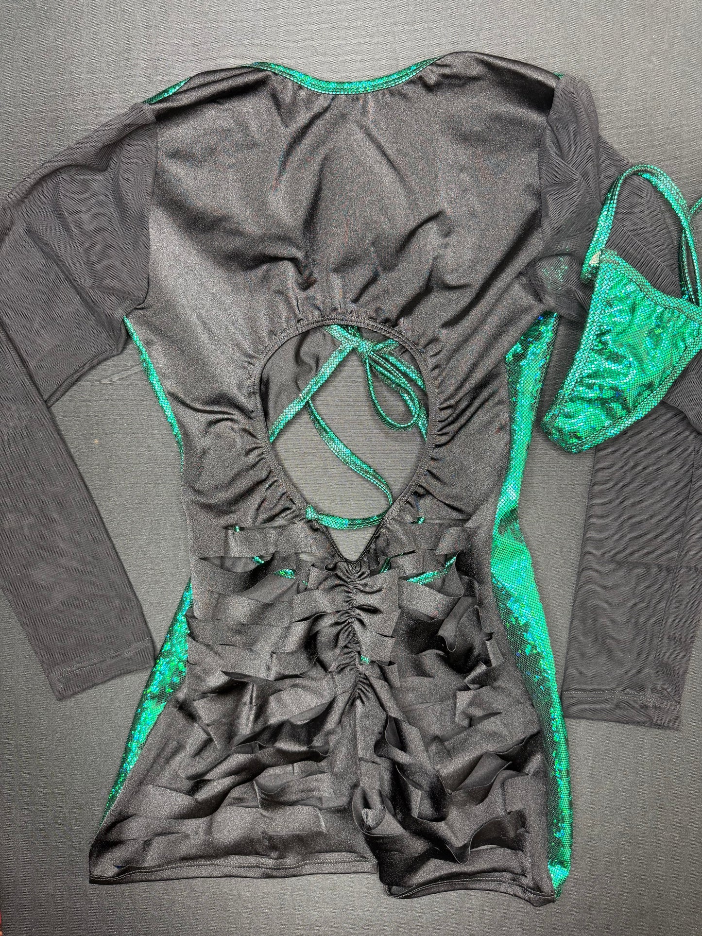 Metallic Green/Black Spandex/Mesh Ripped Back One-Piece Romper Lingerie Outfit
