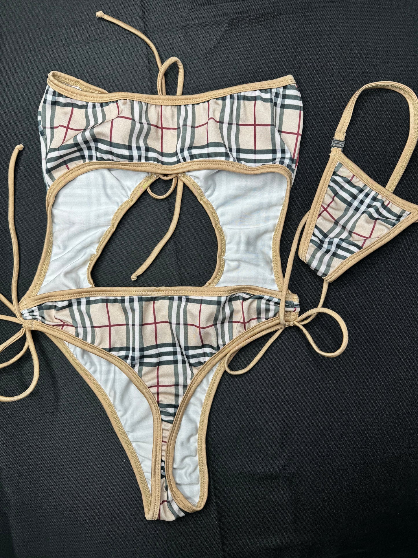 Tan Plaid One-Piece Lingerie Outfit Exotic Dance Wear Strippers' Delight
