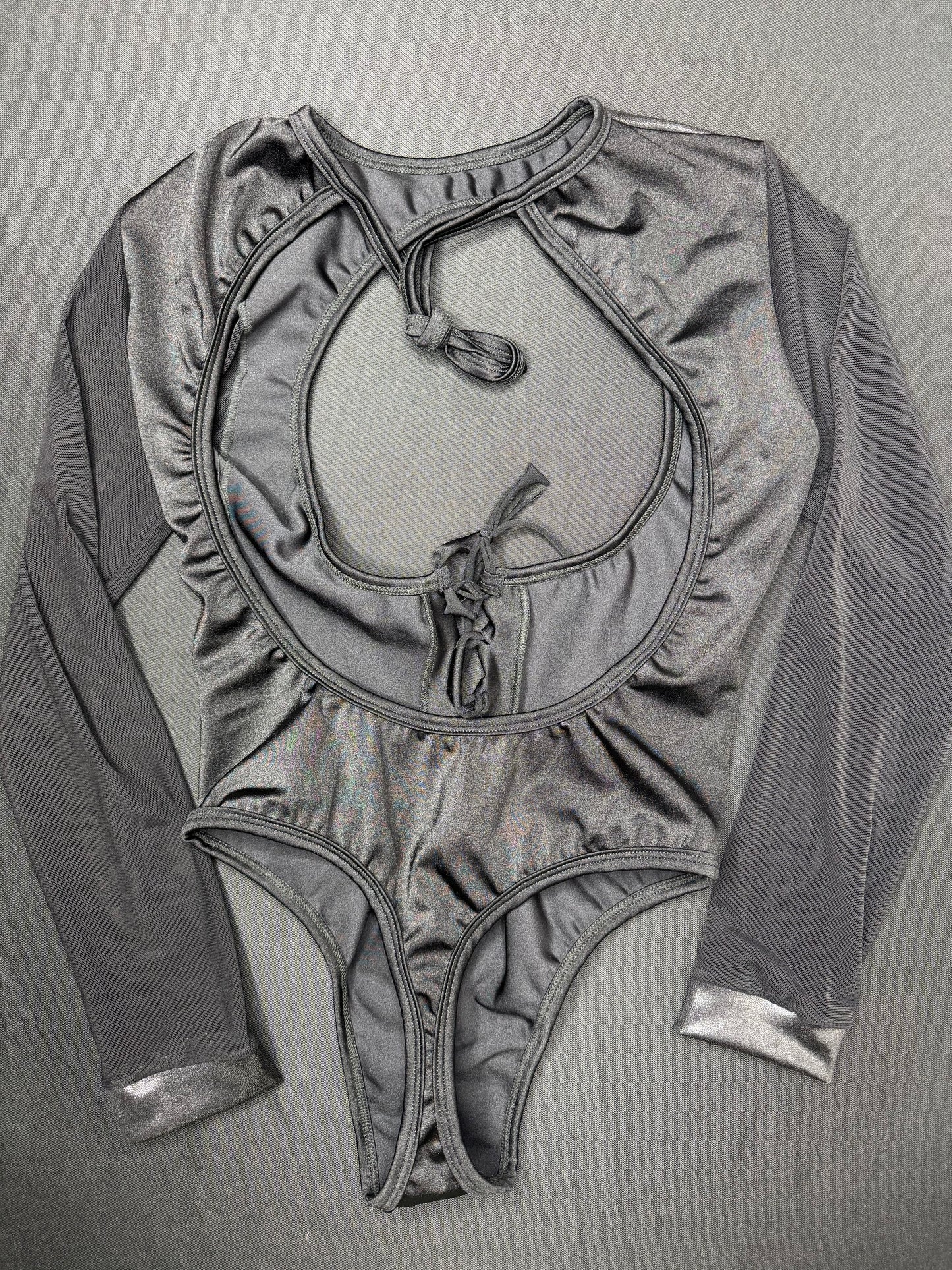 Metallic Black/Black Mesh One-Piece Leotard Lingerie Outfit