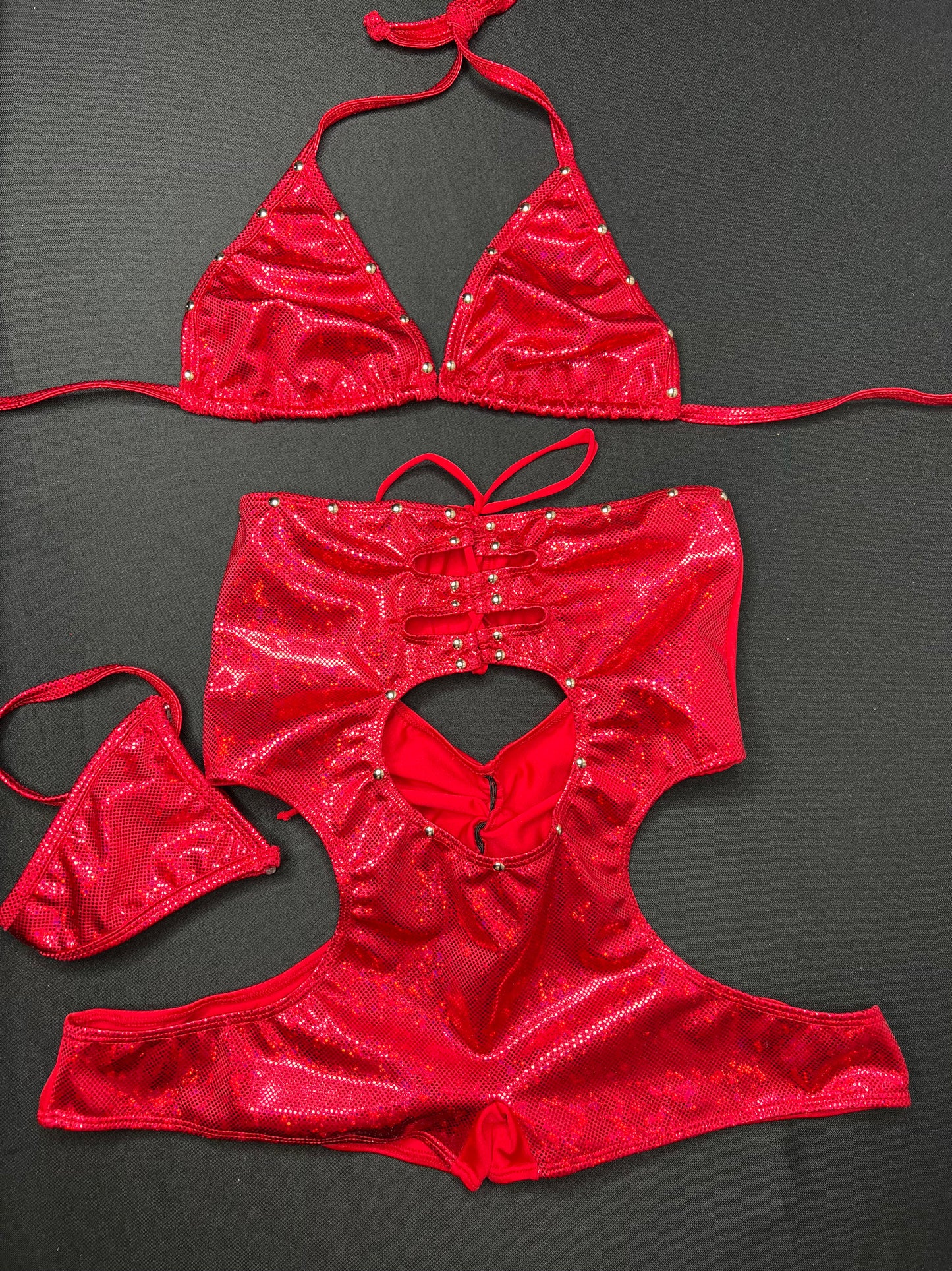 Metallic Red Bikini Top/Shorts Lingerie Outfit