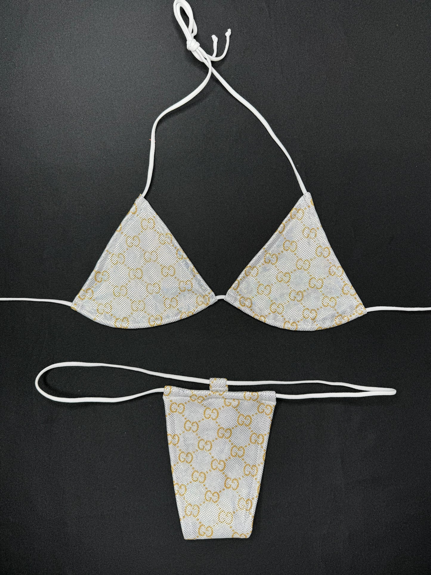 Metallic Designer White Two-Piece Micro Bikini Lingerie Outfit