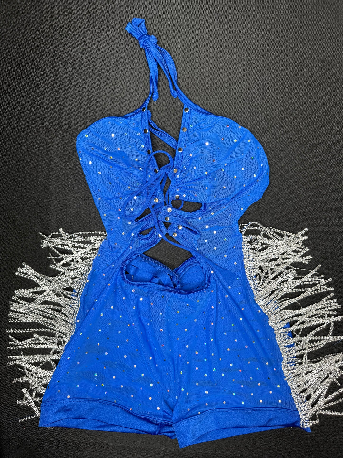 Royal Blue Mesh/Stretch Fabric Chrome Fringe Romper