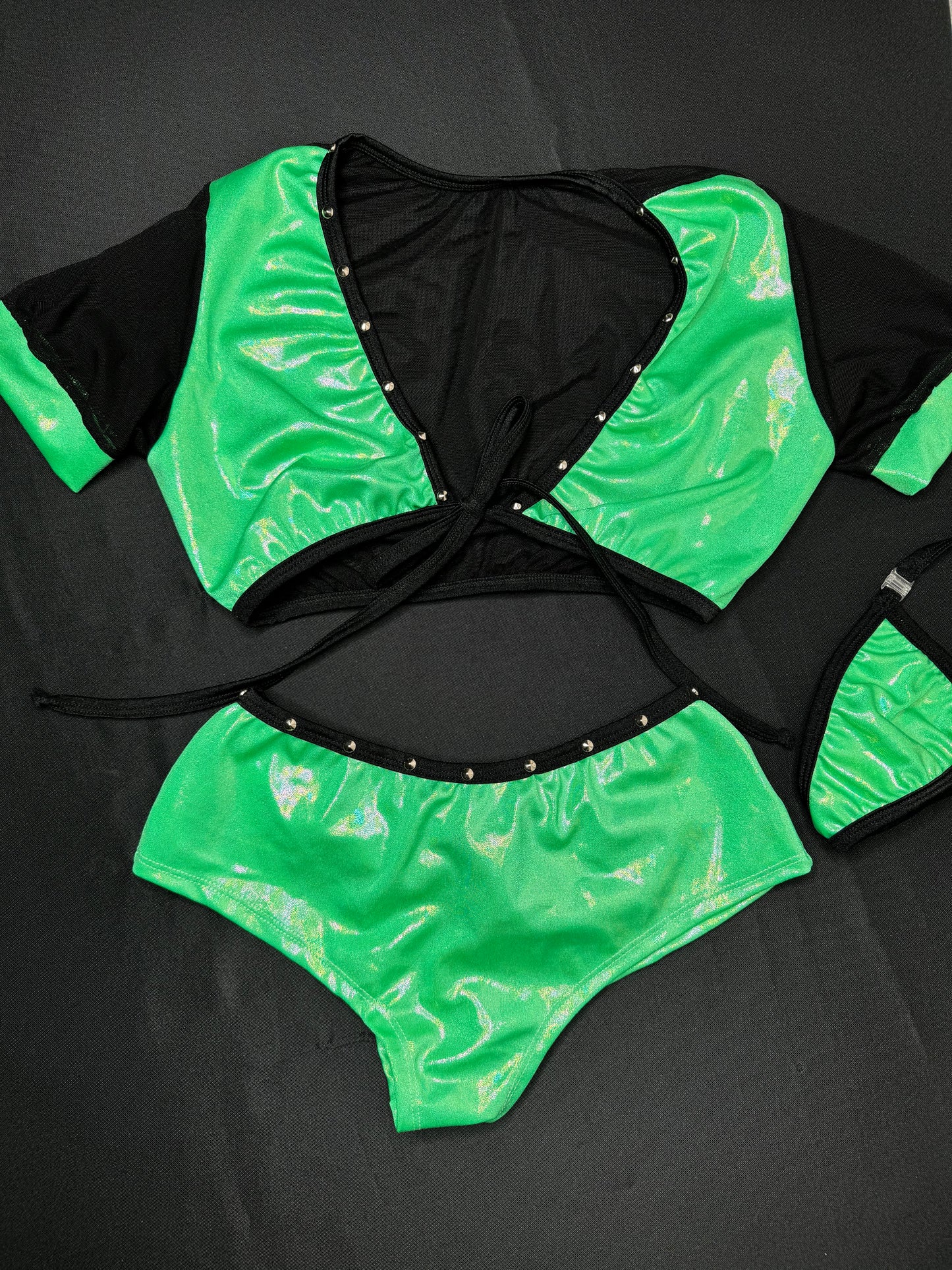Mystic Green Spandex/Black Mesh Two-Piece Shorts Lingerie Outfit