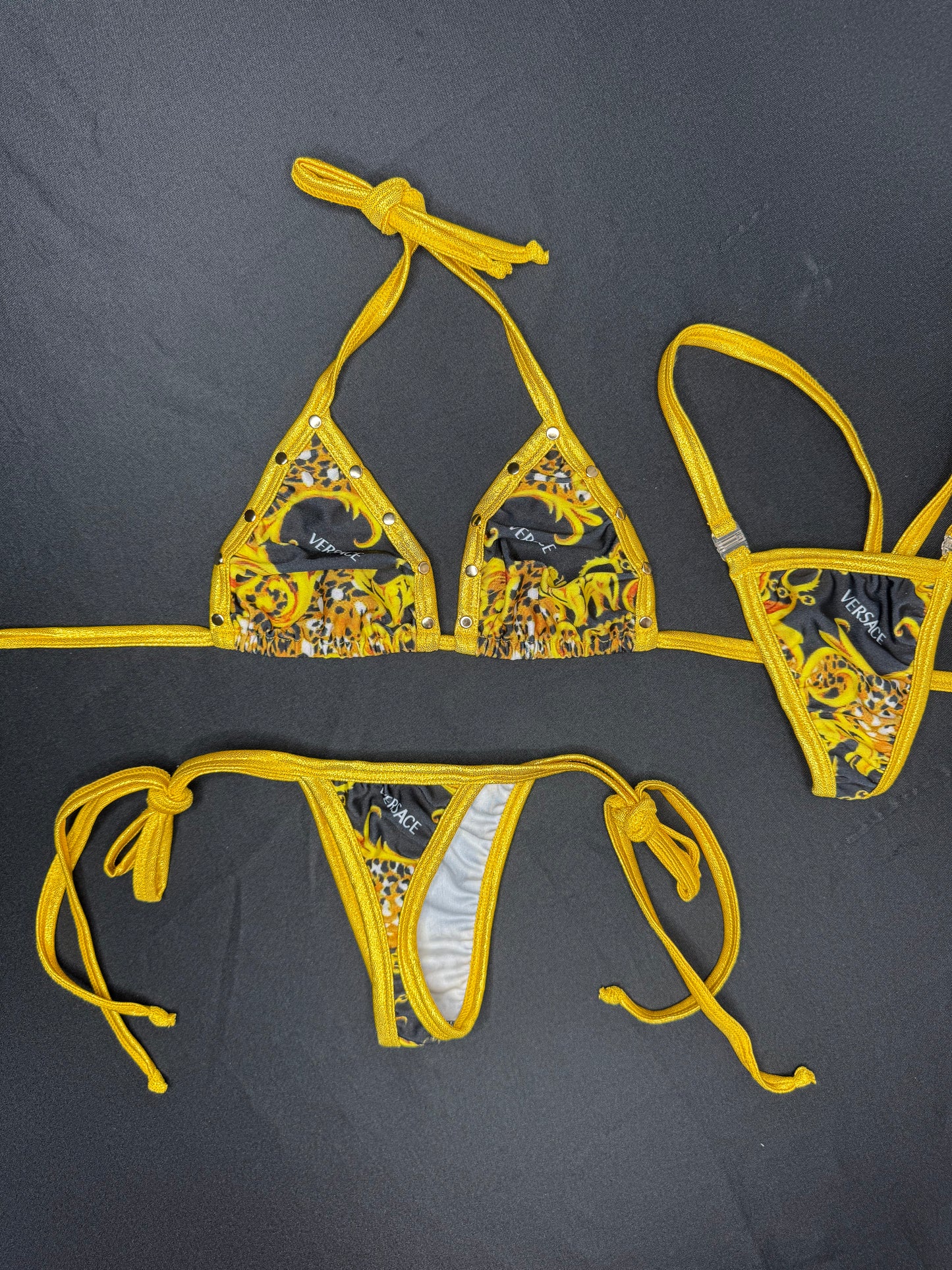 Designer/Gold Spandex Two-Piece Bikini Lingerie Outfit