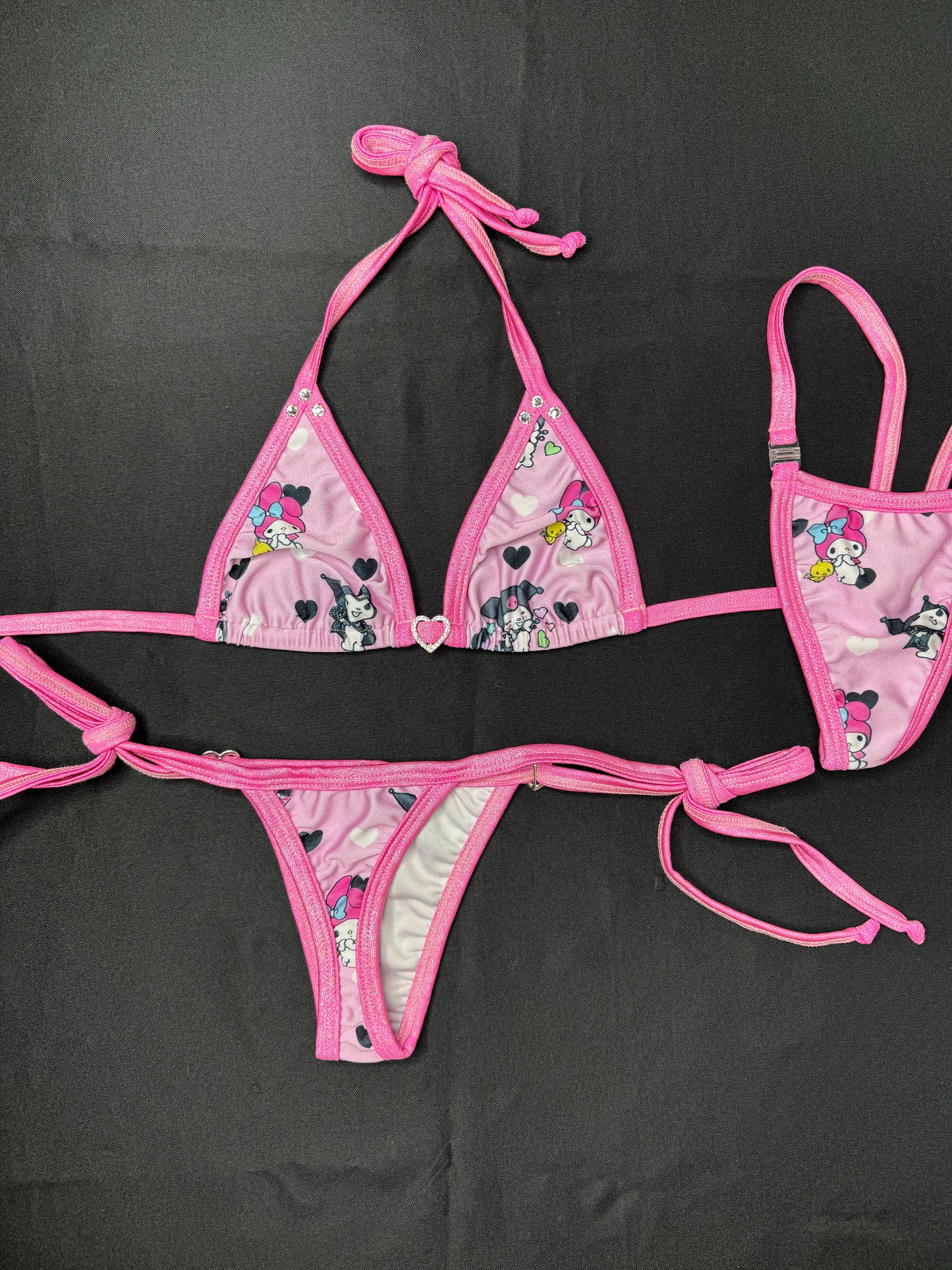 Hot Pink/Baby Pink Kuromi Two-Piece Side-Tie Bikini Lingerie Outfit