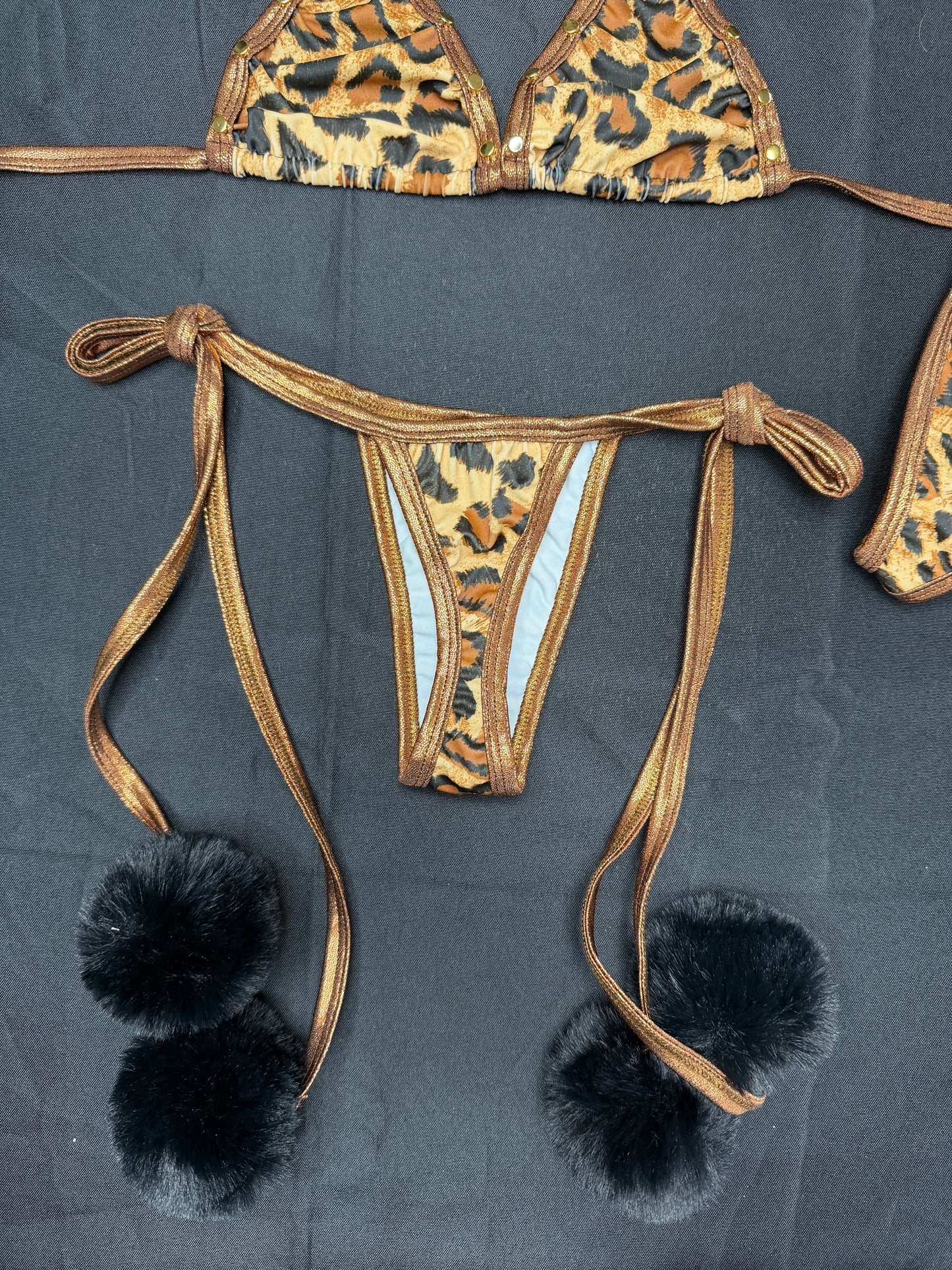 Cheetah Animal Print/Copper Spandex Pom Pom Two-Piece Bikini Outfit