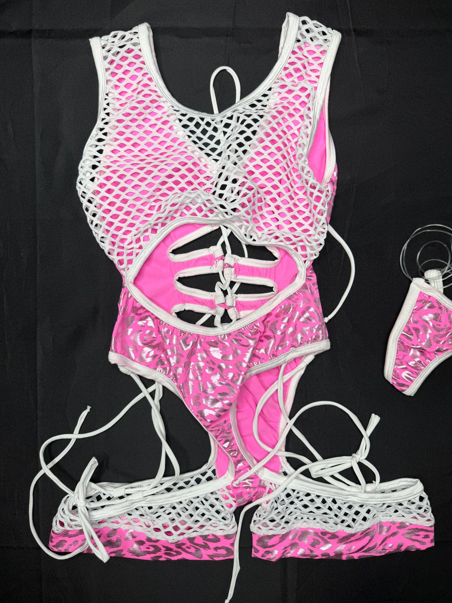 Pink Animal Print/White Fishnet Spandex Romper Lingerie Outfit