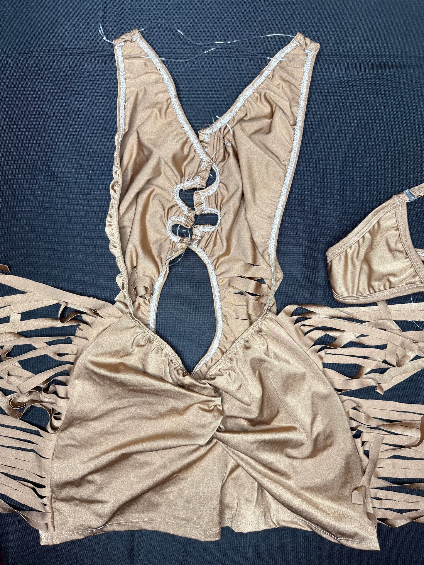 Tan Spandex One-Piece Ripped Back/Fringe Lingerie Outfit