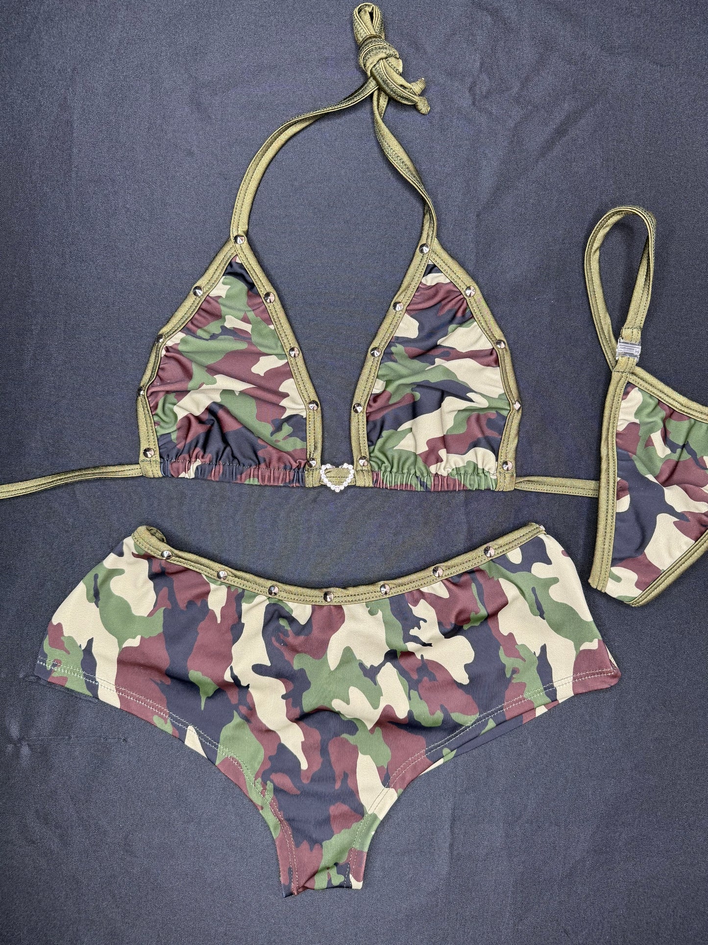 Camouflage/OD Green Spandex Two-Piece Bikini Top/Shorts Lingerie Outfit