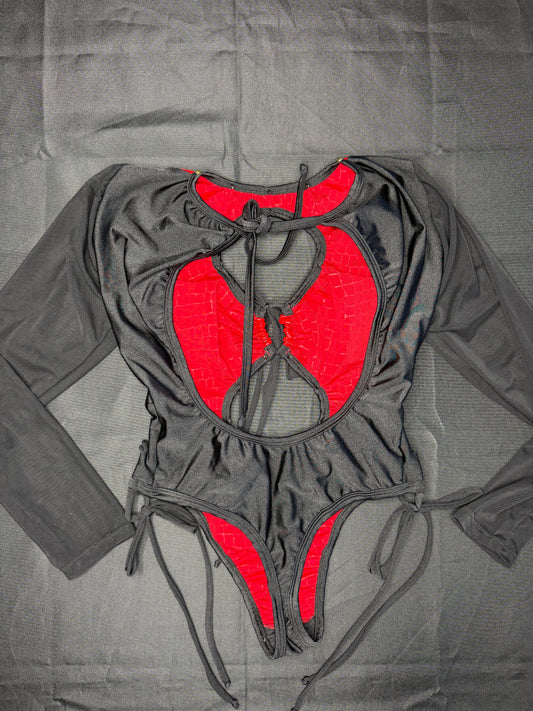 Red Latex/Black Spandex/Mesh Leotard One-Piece Lingerie Outfit