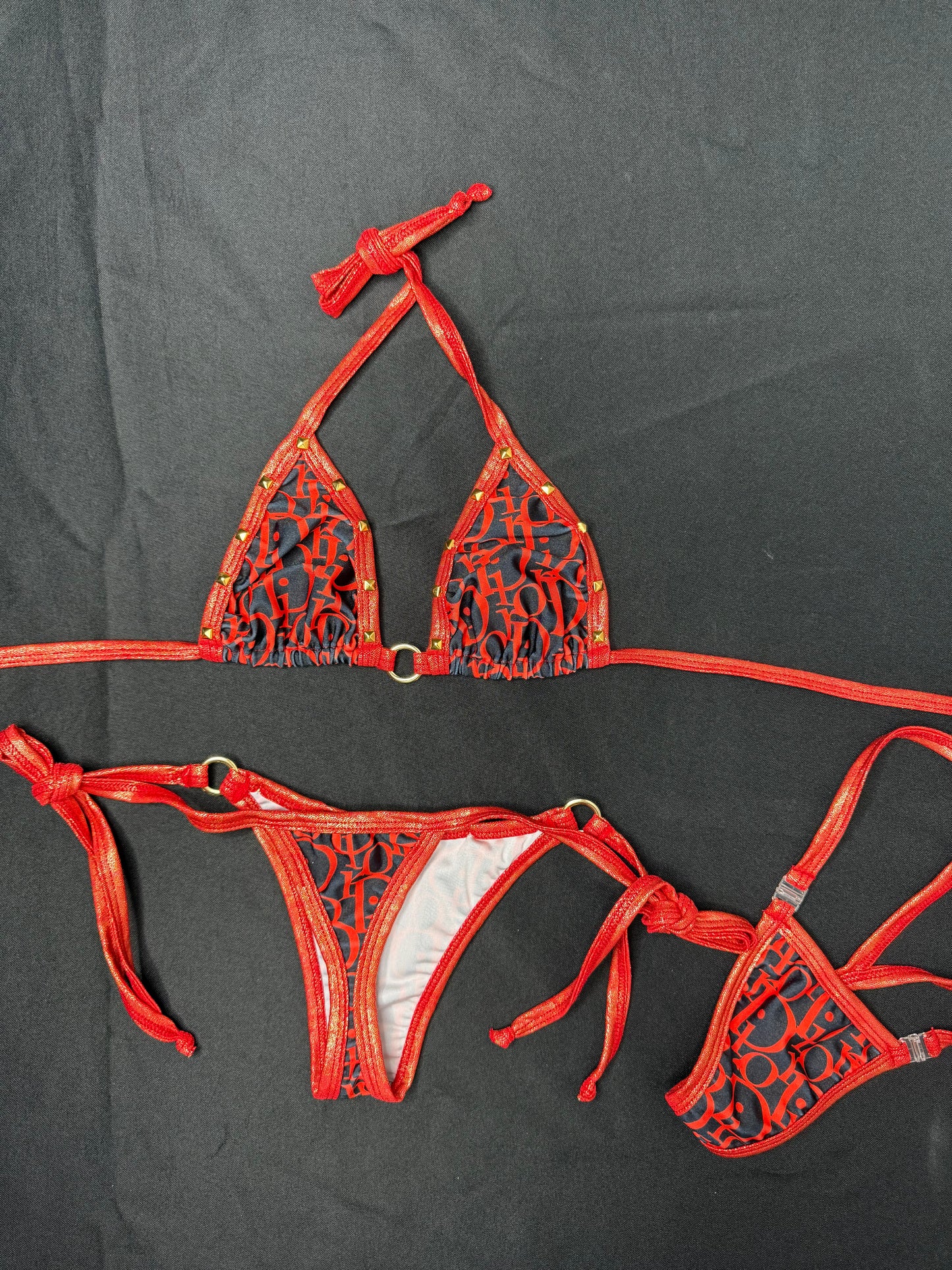 Metallic Red/Designer Spandex Two-Piece Lingerie Outfit