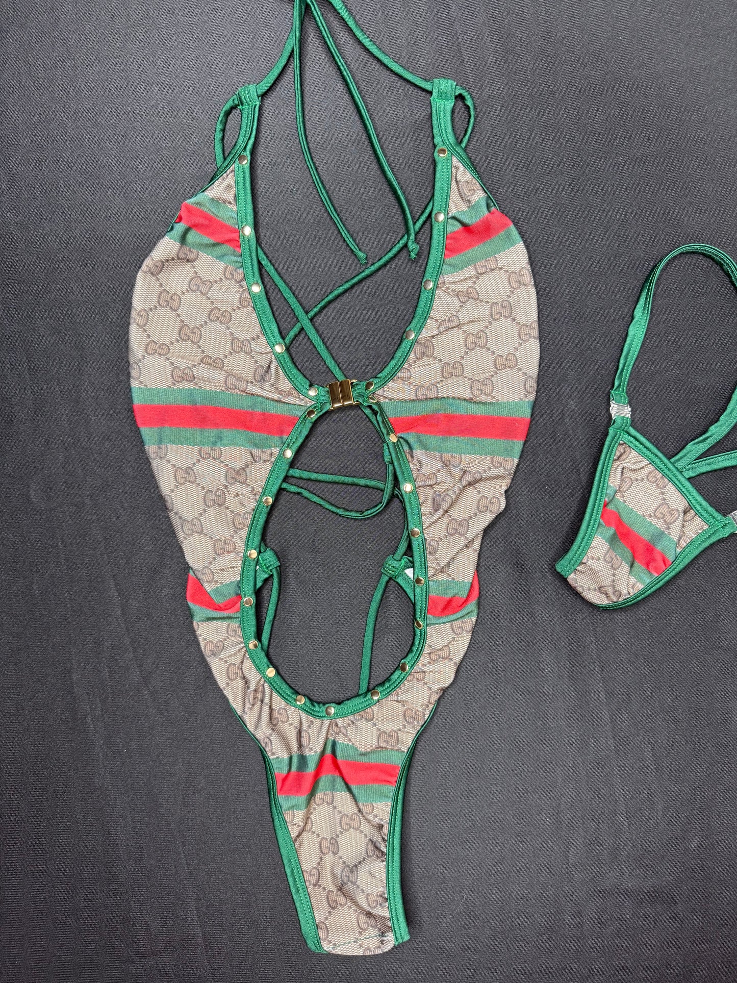 Brown/Green Designer Spandex One-Piece Lingerie Outfit