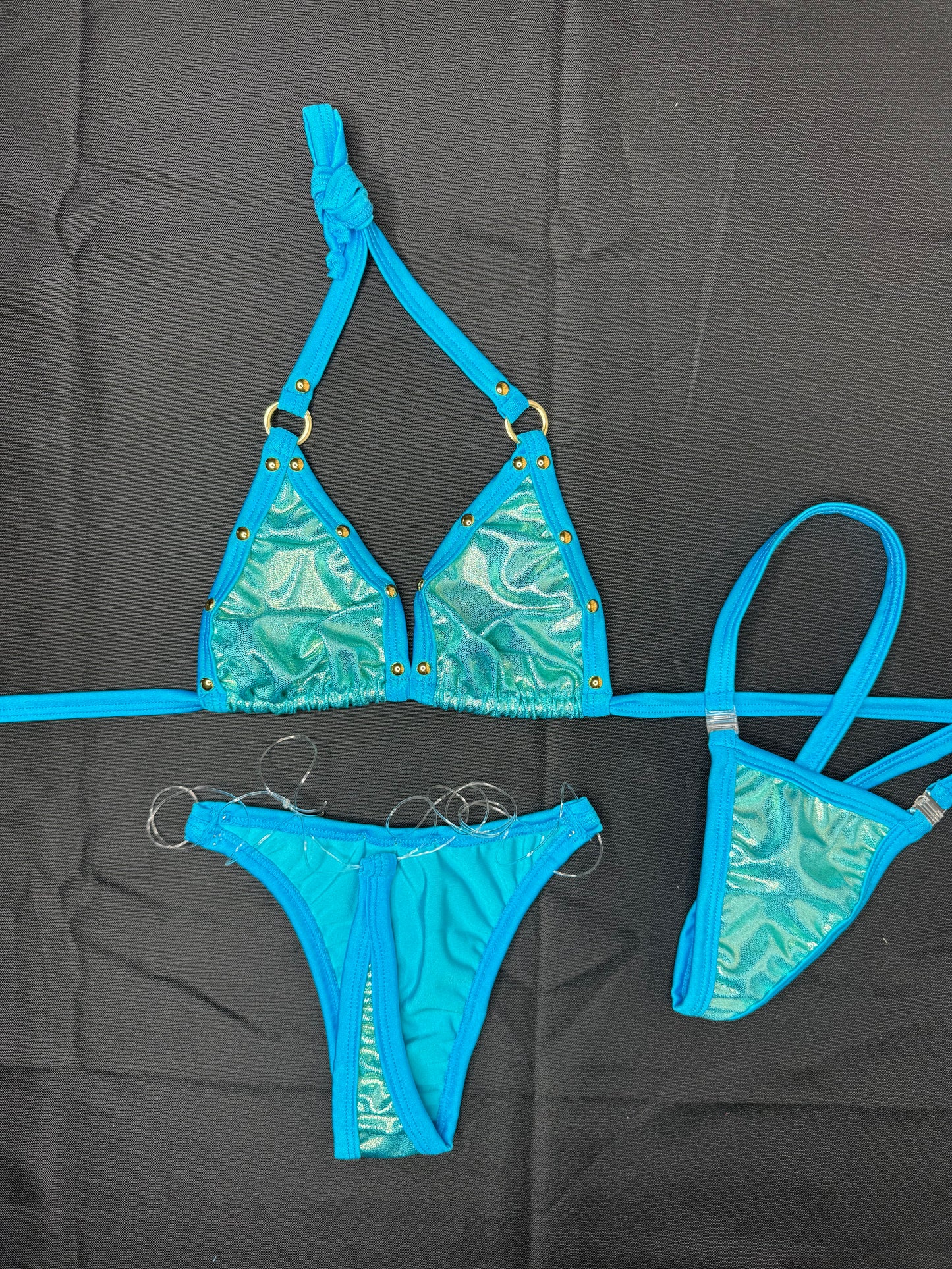 Metallic Baby Blue Spandex Two-Piece Bikini Lingerie Outfit