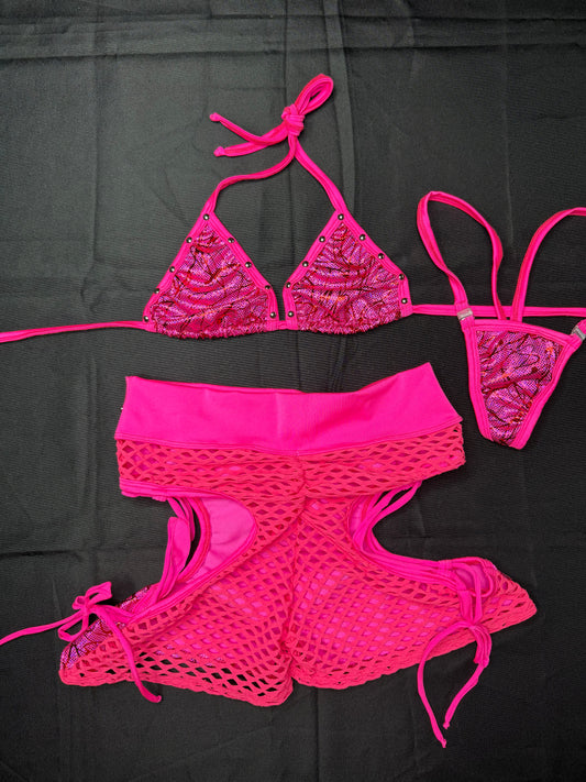 Metallic Hot Pink/Hot Pink Spandex Shorts Lingerie Outfit