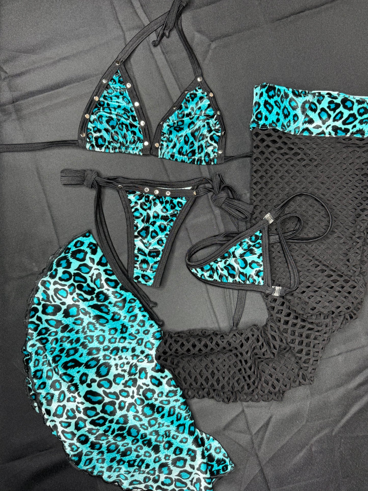 Velvet Animal Print/Black Fishnet Spandex Leg Lingerie Outfit