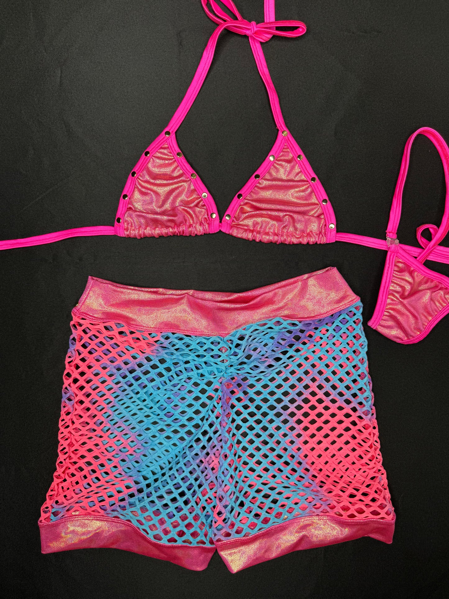Metallic Hot Pink/Cyan Ombré Fishnet Spandex Shorts/Bikini Top Two-Piece Lingerie Outfit