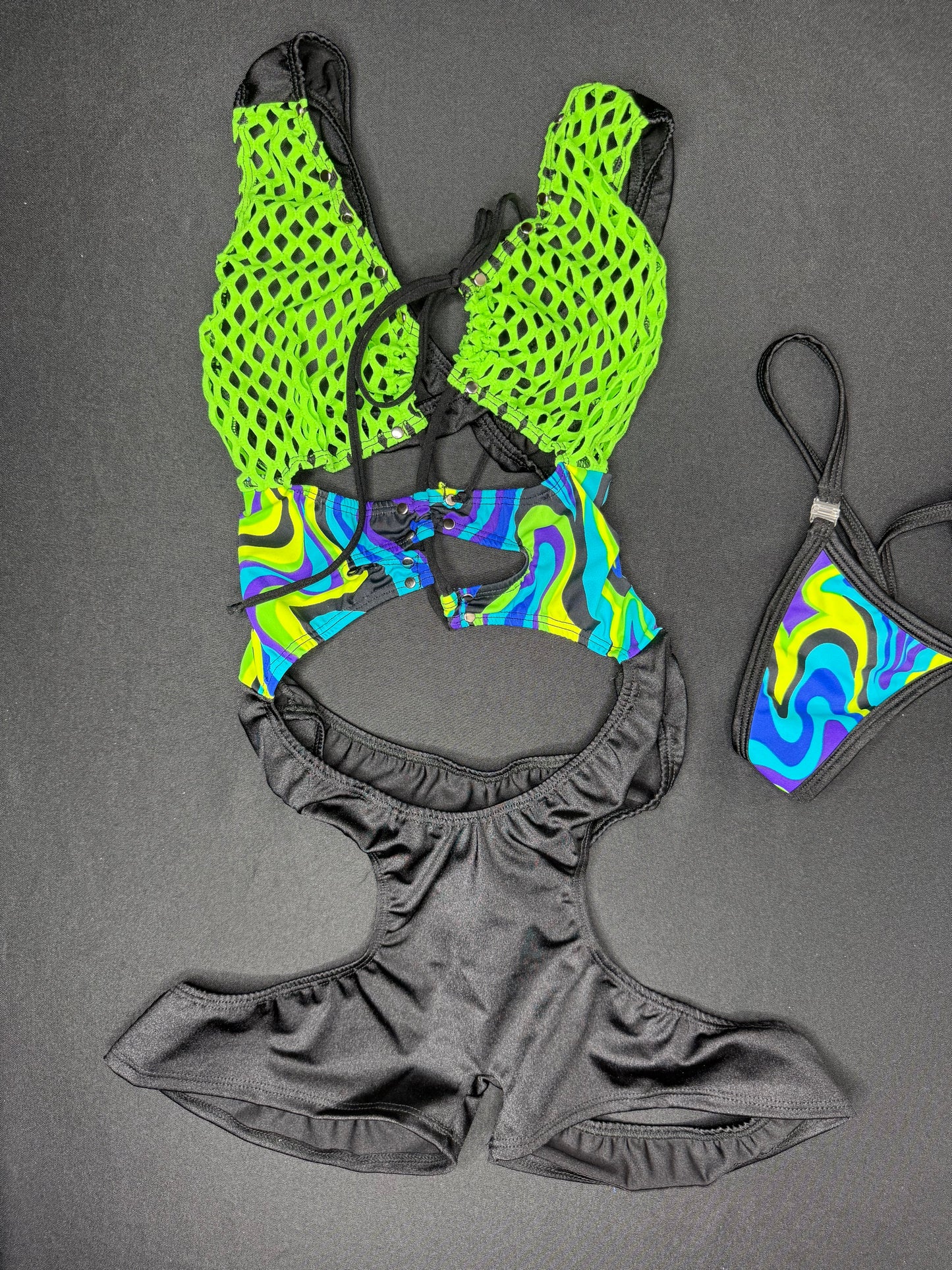 Neon Green/Black Sleeveless One-Piece Romper Lingerie Outfit