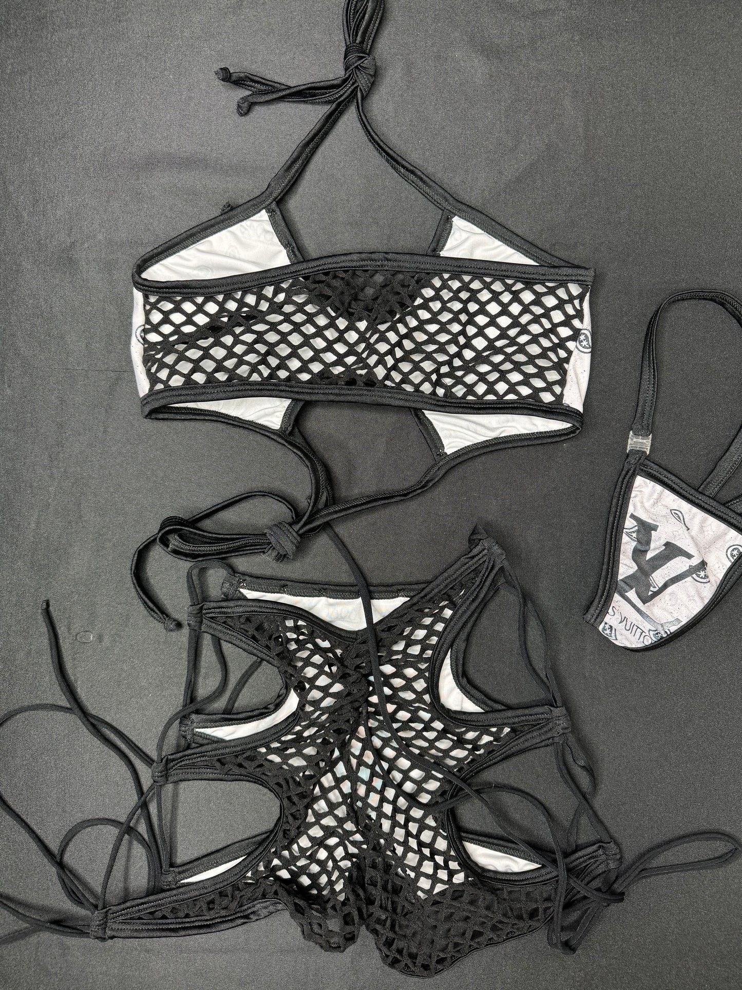 White Bandana/Black Fishnet Two-Piece Shorts/Sports Bra Lingerie Outfit