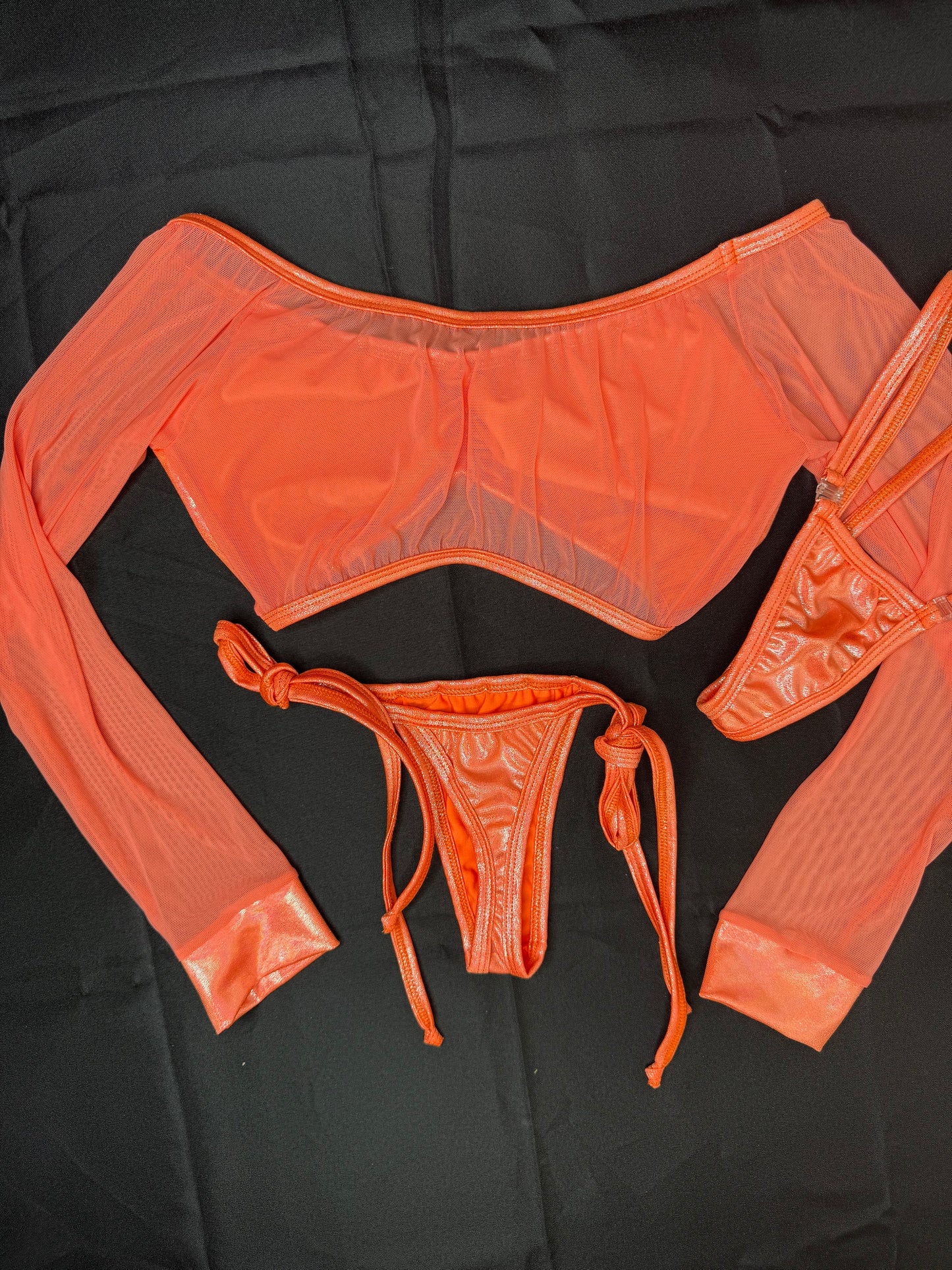 Metallic Orange Spandex/Orange Mesh Long Sleeve Two-Piece Lingerie Outfit