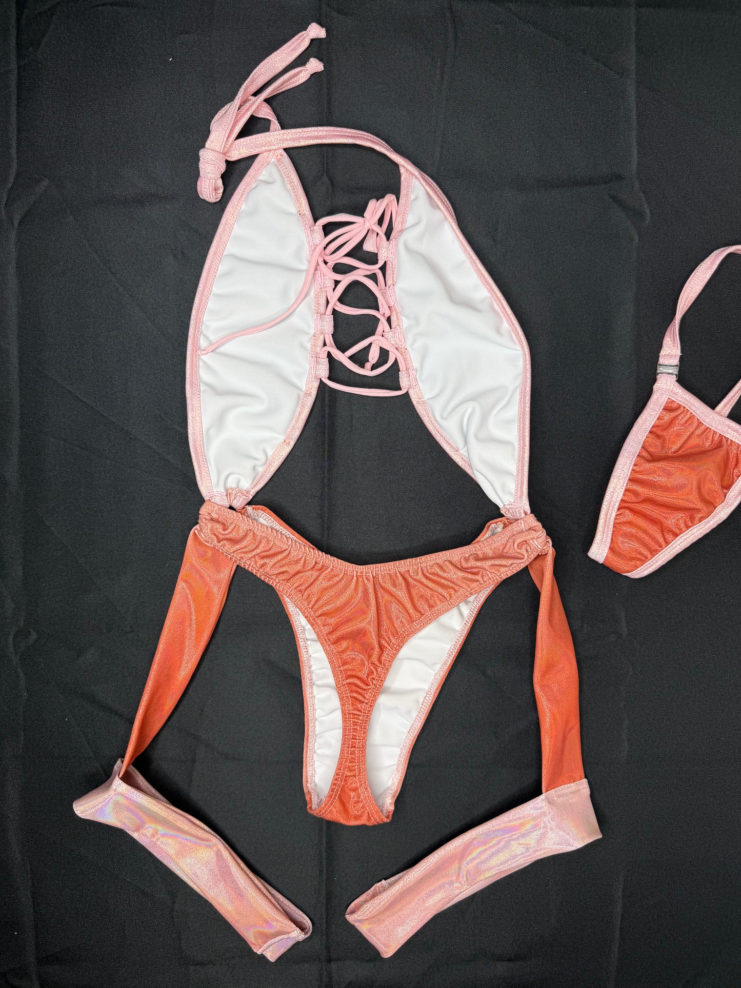 Shimmery Pink and Orange Holographic One-Piece Lingerie Outfit