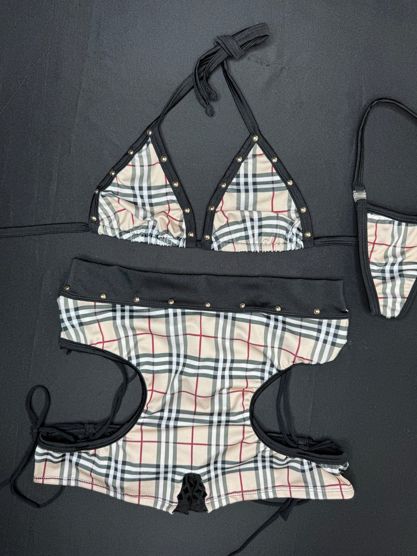 Designer Plaid/Black Fishnet Bikini Top/Shorts Two-Piece Lingerie Outfit