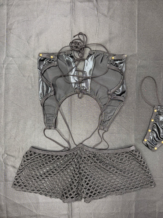 Metallic Black/Black Fishnet Spandex One-Piece Lingerie Outfit