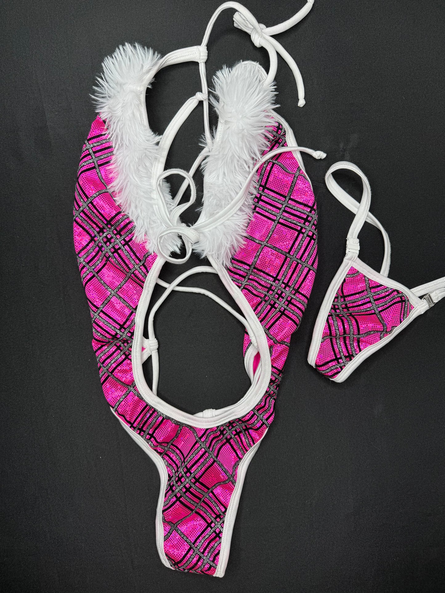 Metallic Pink/White Fur Mesh One-Piece Sleeves Lingerie Outfit