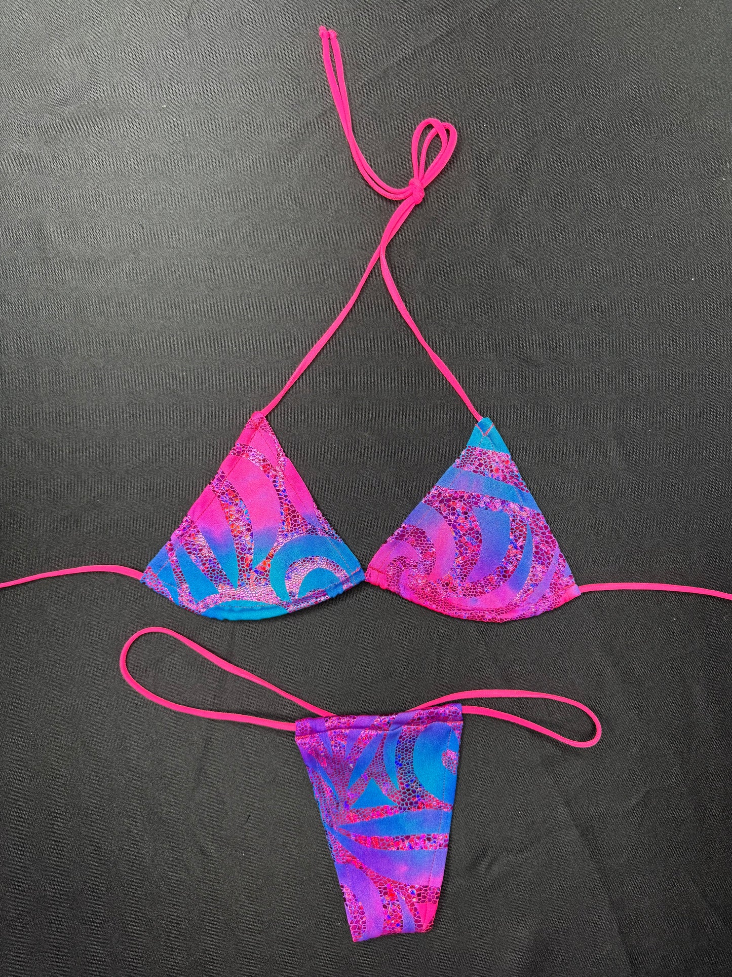 Pink/Blue Ombré Print Spandex Two-Piece Micro Bikini Lingerie Outfit
