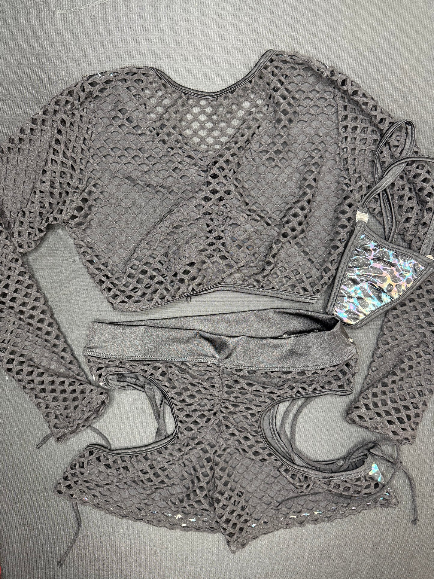 Silver/Black Fishnet Spandex Long Sleeve/Shorts Two-Piece Lingerie Outfit