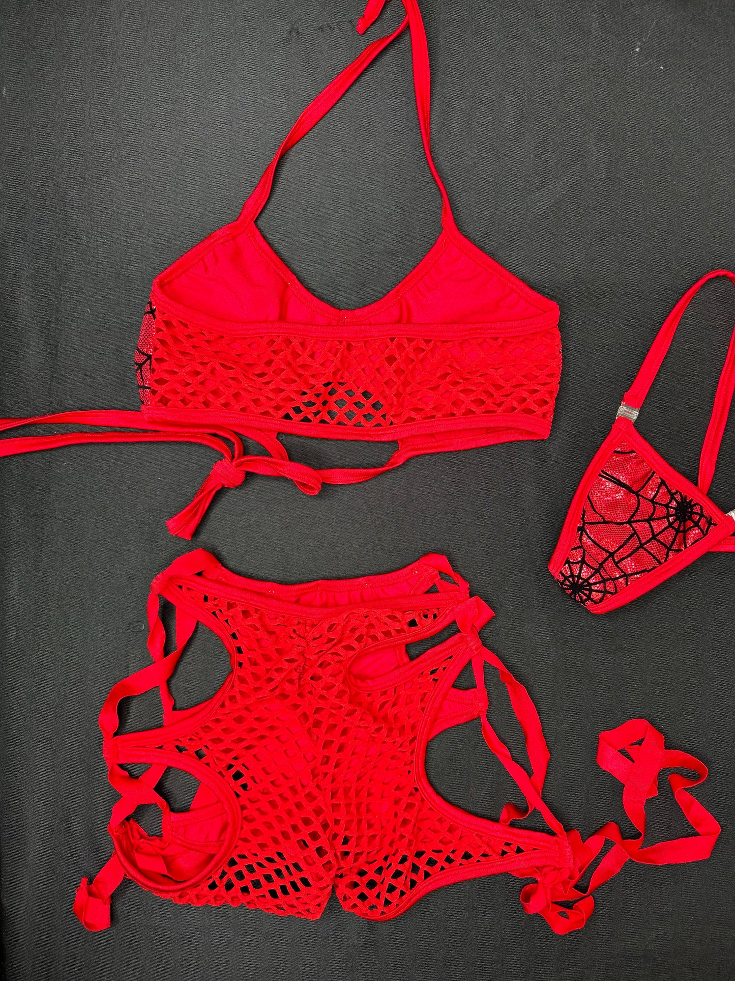 Red Web/Red Fishnet Sports Bra/Shorts Two-Piece Lingerie Outfit